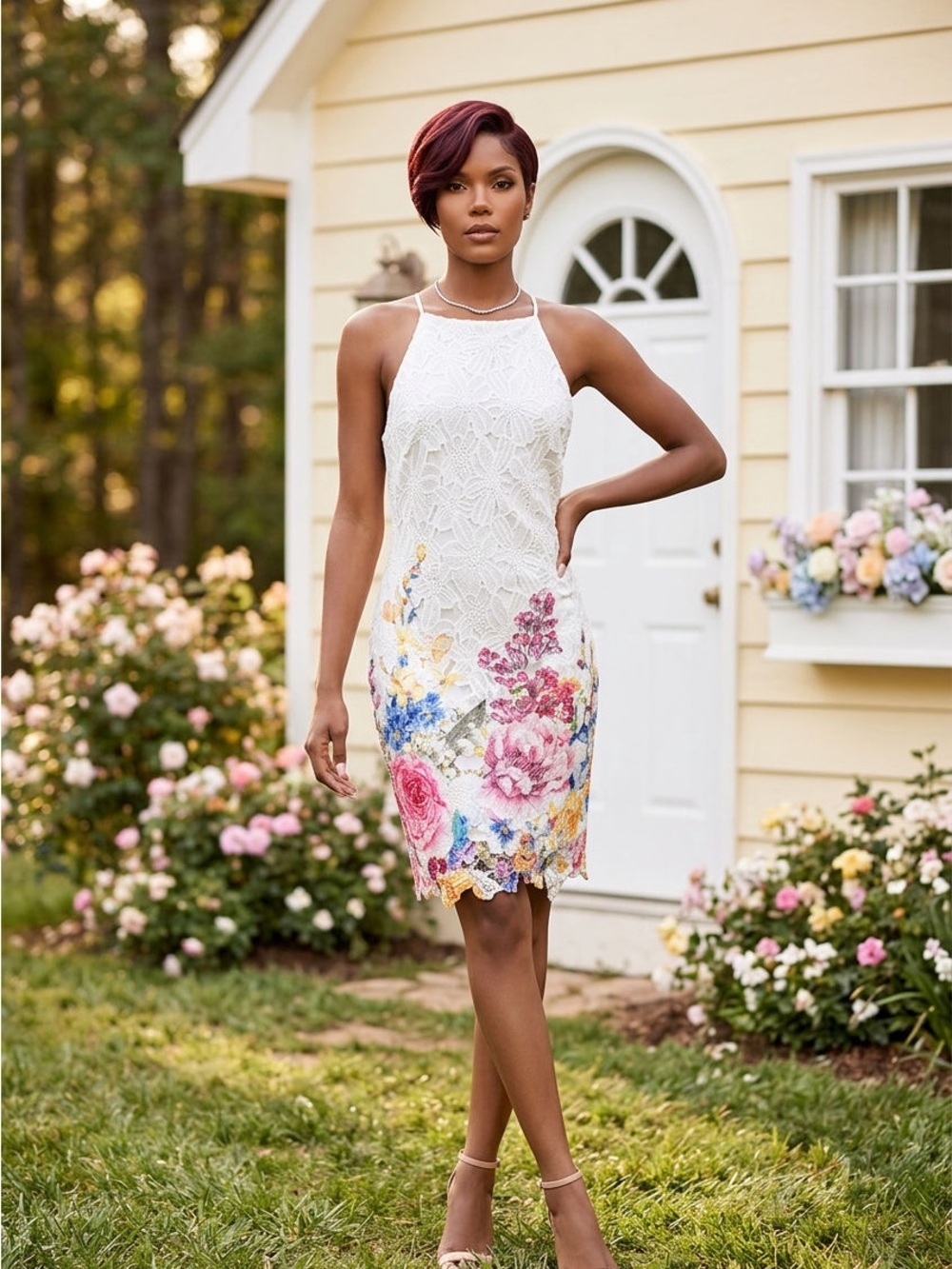 White Floral Lace Halter Mini Dress with Multicolor Embroidery☑️